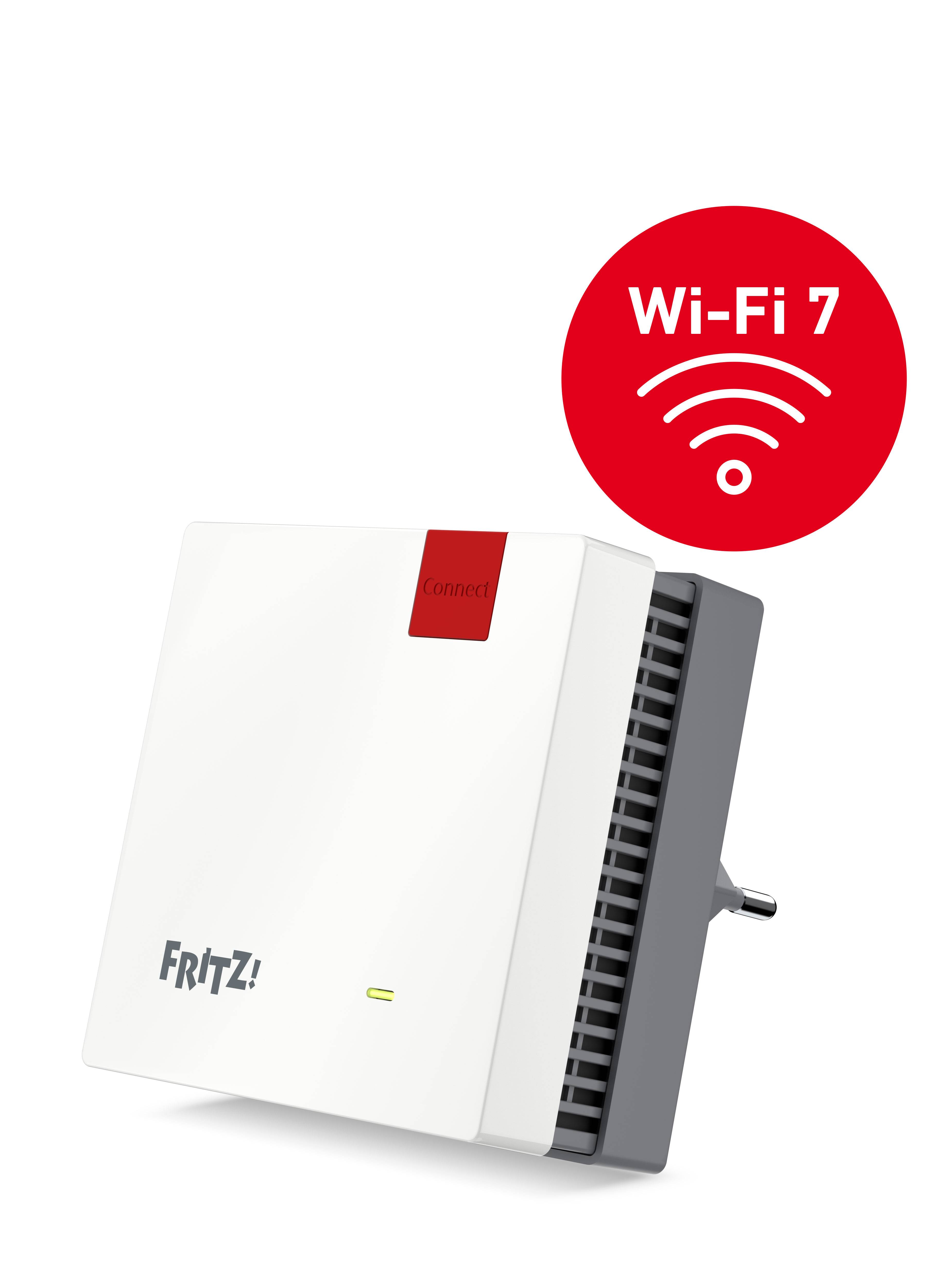 FRITZ! Wi-Fi 7 Router mit rotem Wi-Fi 7 Badge, schräg auf weißem Hintergrund dargestellt.