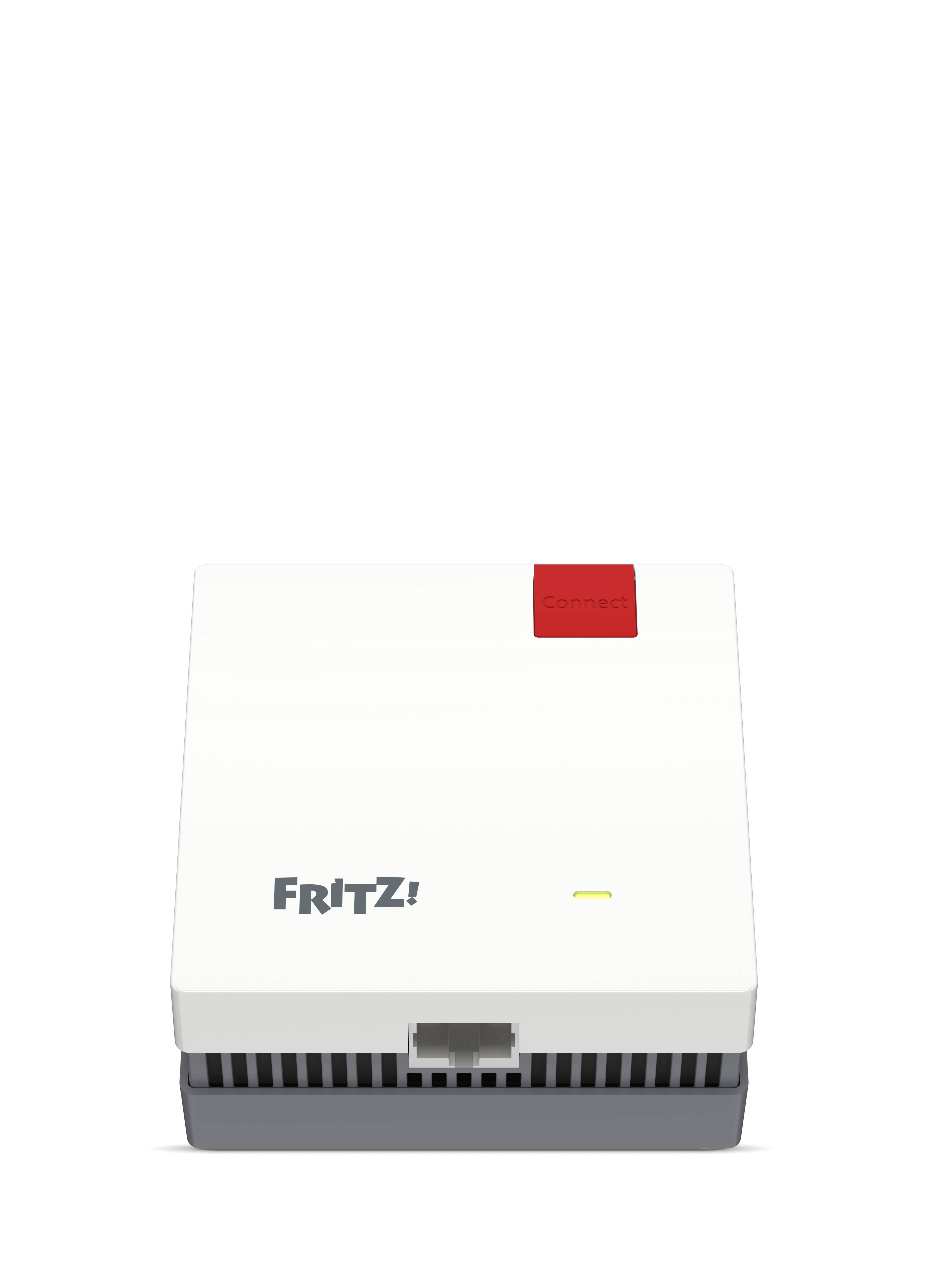 Weißer FRITZ! Router/Modem mit rotem oberen Knopf und vorderem Ethernet-Anschluss, dargestellt auf einfachem weißem Hintergrund.