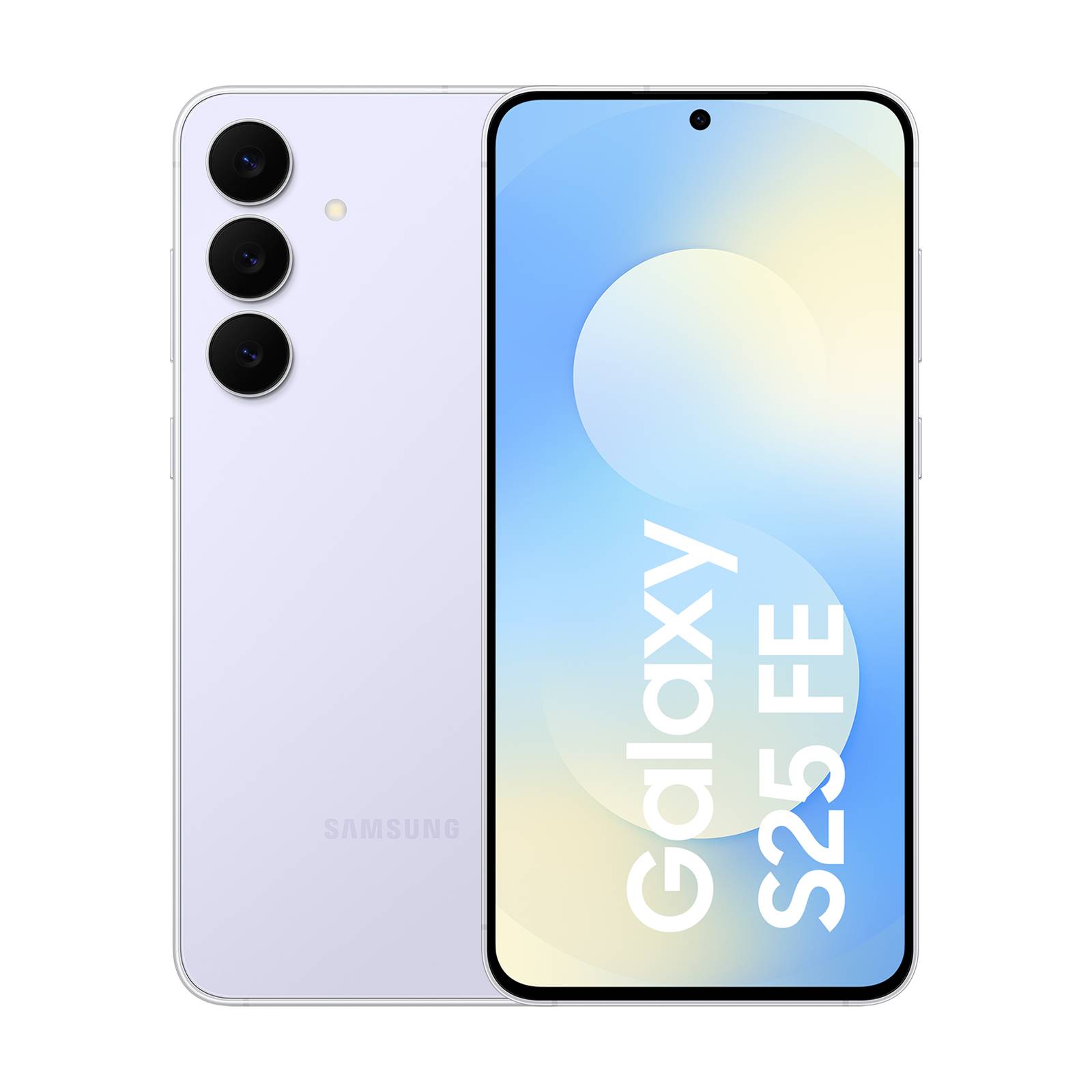 Vorder- und Rückansicht eines lavendelfarbenen Samsung Galaxy S25 FE Smartphones mit dreifacher Rückkamera und dem Bildschirm mit dem Text 
