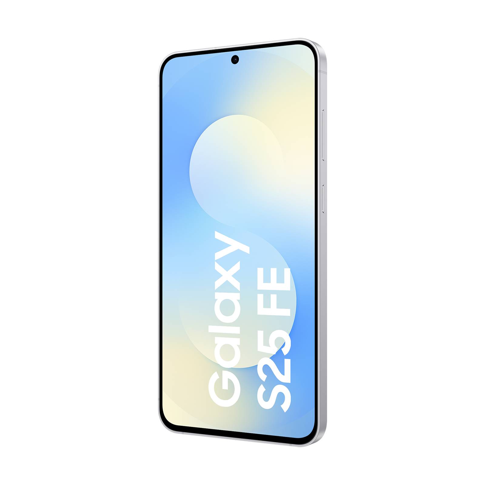Samsung Galaxy S25 FE Smartphone in Vorderansicht auf einem blau-gelben Farbverlauf-Bildschirm mit dem Text „Galaxy S25 FE