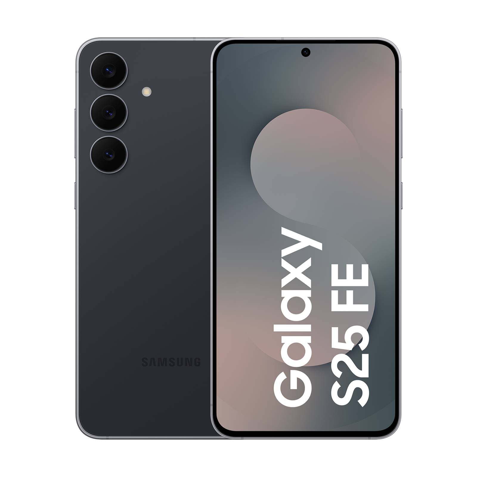 Samsung Galaxy S25 FE Smartphone von vorne und von hinten in Dunkelgrau gezeigt, mit dreifacher Rückkamera und „Galaxy S25 FE