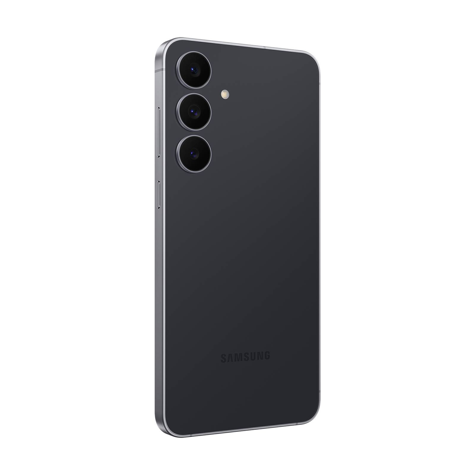 Rückseite eines schwarzen Samsung-Smartphones mit drei vertikal angeordneten Rückkameras und einem Blitz auf einem einfachen dunklen Hintergrund.