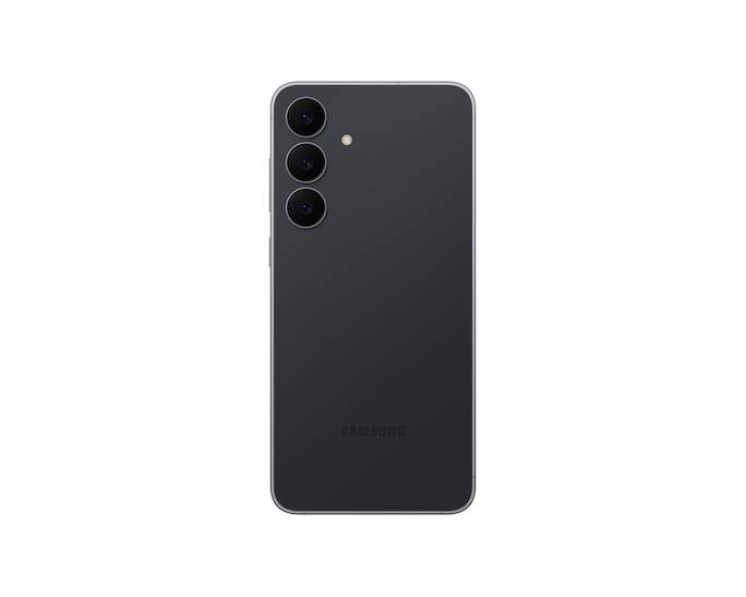 Rückseite eines schwarzen Samsung-Smartphones mit drei vertikal ausgerichteten Rückfahrkameras und einem Blitz auf einem einfachen weißen Hintergrund.