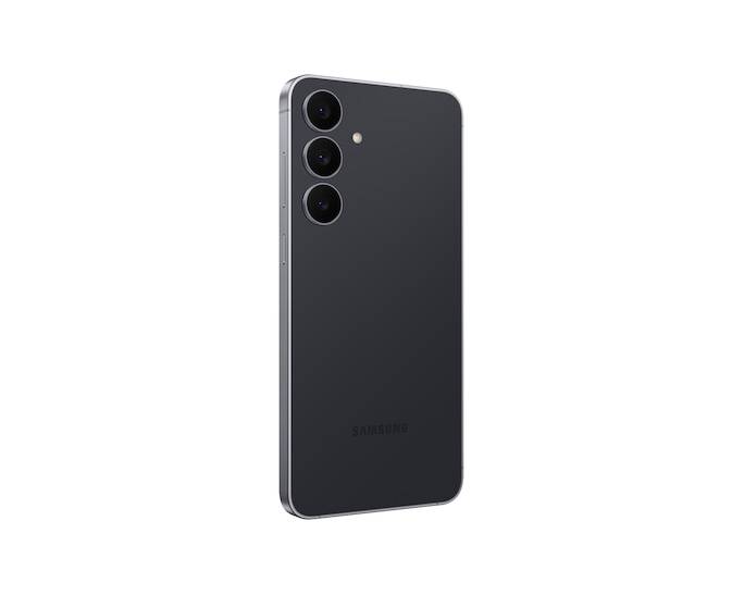 Schwarzes Samsung-Smartphone von hinten gezeigt, mit dreifacher Rückkamera und einem kleinen Blitz auf einfachem weißem Hintergrund.