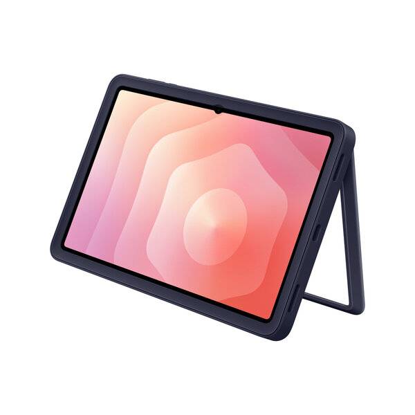 Ein Tablet in einer dunklen Schutzhülle, im Querformat auf einem Klappstnder gezeigt, mit einem rosa abstrakten Bildschirm.