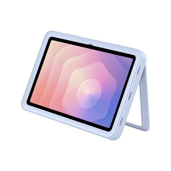 Weißes Tablet in einem Klappstalter, in einem Winkel dargestellt, mit einem pastellfarbenen abstrakten Bildschirm auf einfachem weißem Hintergrund.