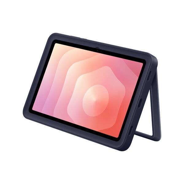 Dunkelblauer Tablet-Case mit integriertem Ständer, der ein Tablet im Querformat vor weißem Hintergrund hält.