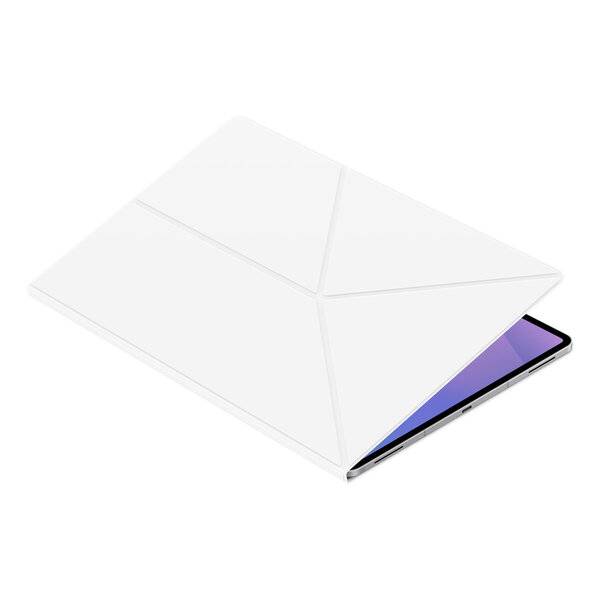 Eine weiße geometrische Laptop-Schutzhülle oder ein Etui, das einen schlanken Laptop teilweise abdeckt, mit sichtbarem Bildschirmrand auf weißem Hintergrund.