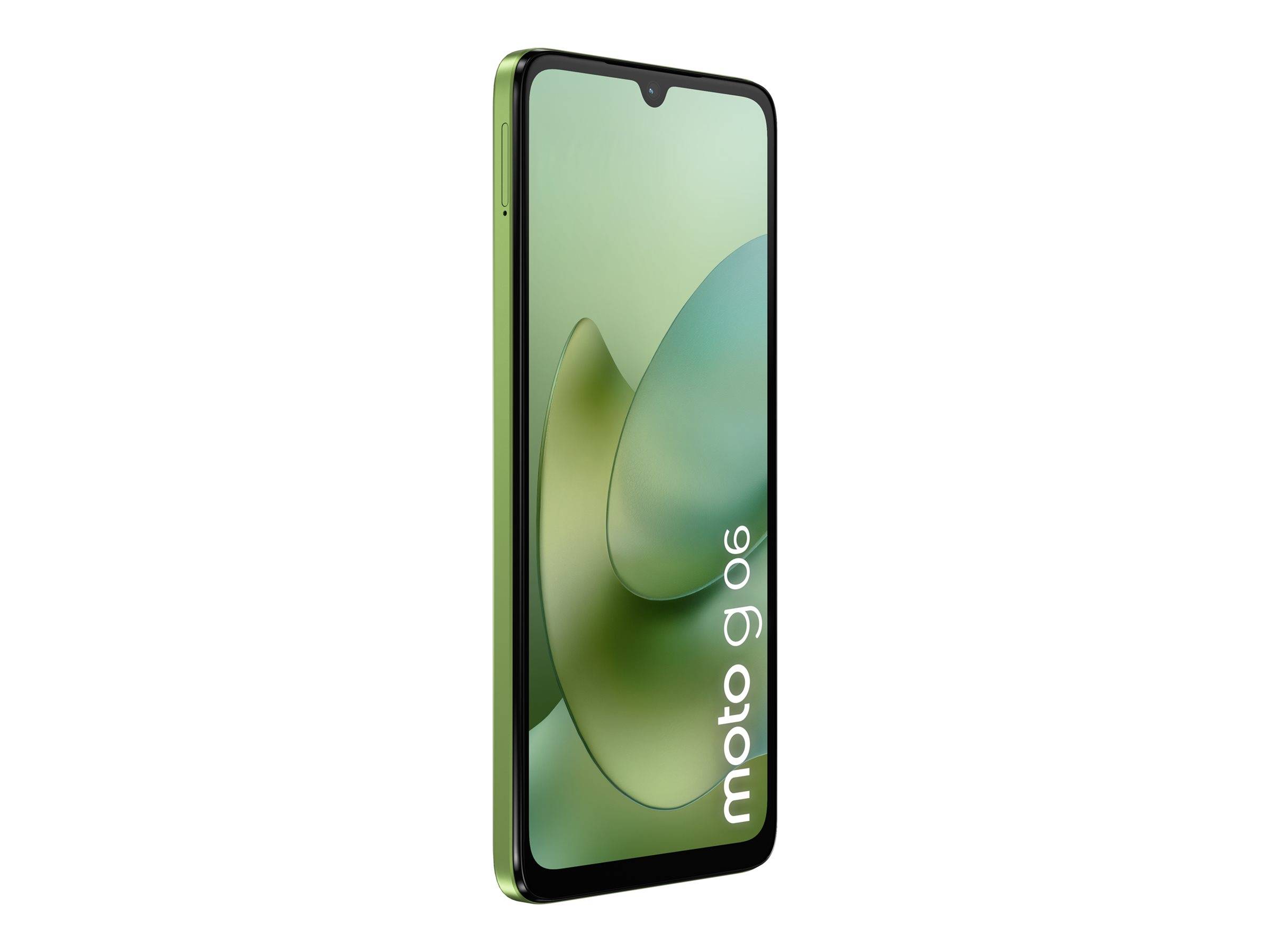 Grünes Moto G06 Smartphone in schräger Ansicht auf weißem Hintergrund, mit dem Display, das 