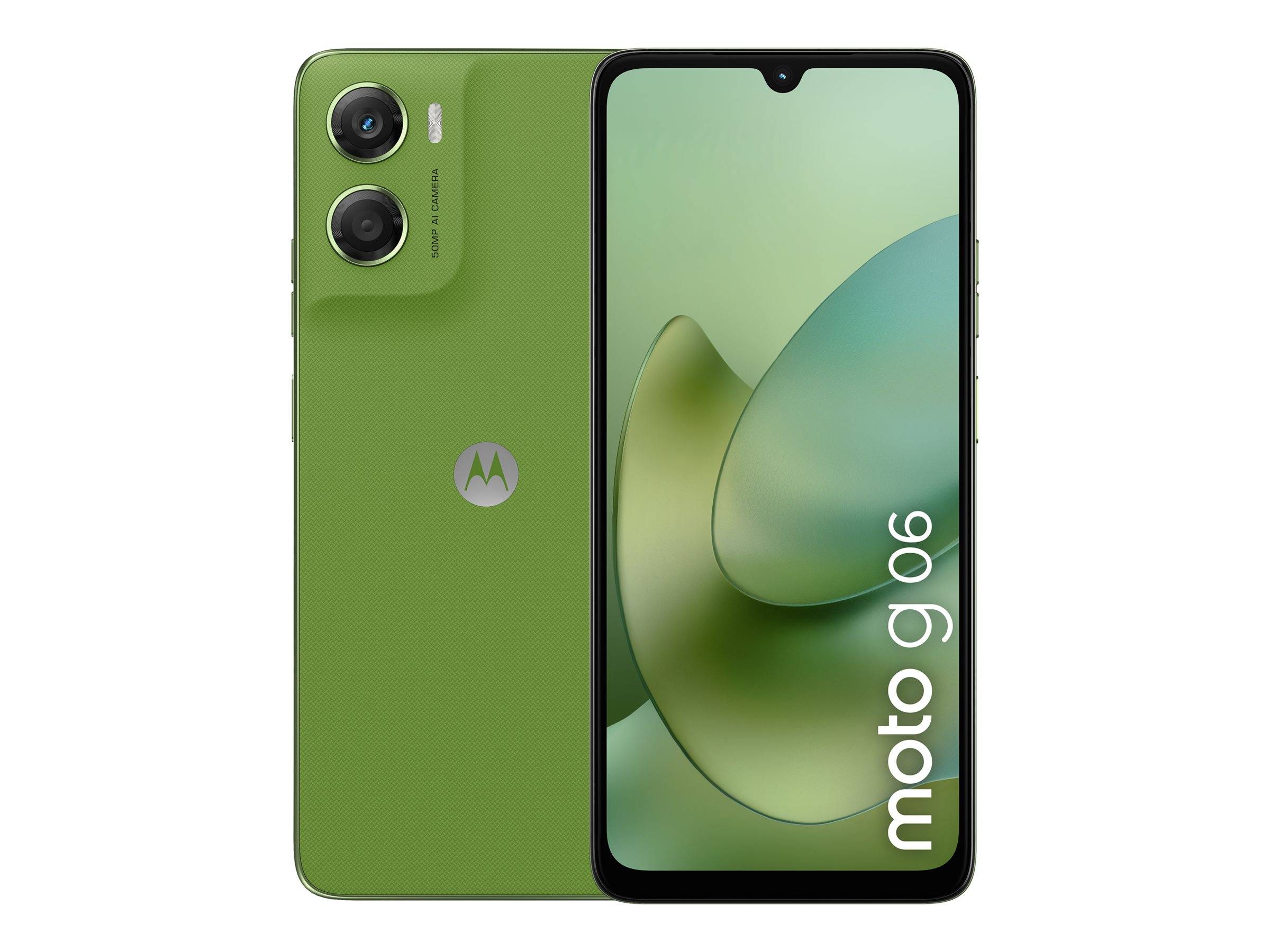 Grünes Motorola Moto G96 Smartphone von vorne und hinten gezeigt, mit Dual-Rückkameras und grünem abstraktem Hintergrundbild auf dem Bildschirm.