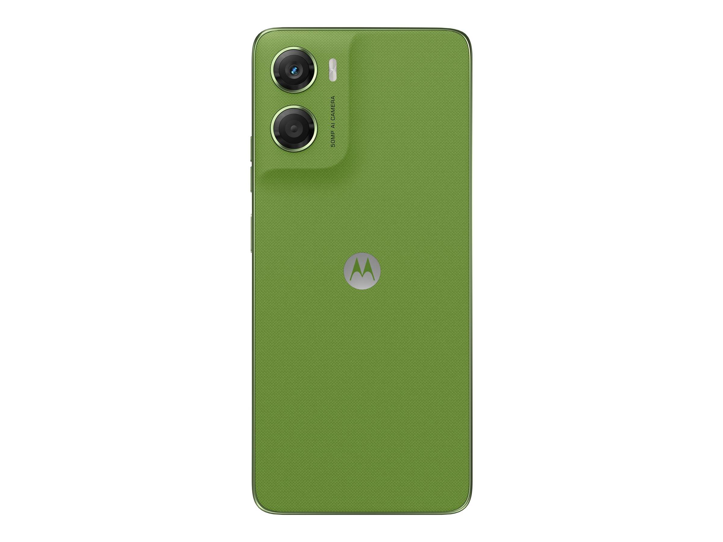 Grünes Motorola-Smartphone von hinten gezeigt, mit Dual-Rückkameras in der oberen linken Ecke und zentriertem Motorola-Logo.