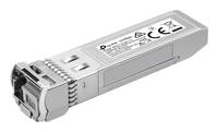 Silbernes rechteckiges SFP-Transceiver-Modul mit Anschlussport und Produktetikett.