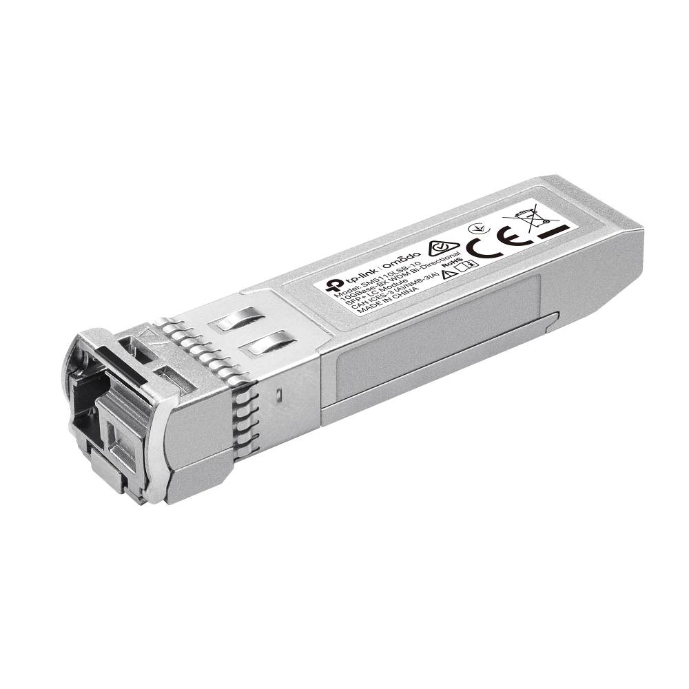 Silbernes Glasfaser-Transceiver-Modul mit RJ-ähnlichem Anschluss und Produktetikett, isoliert auf weißem Hintergrund dargestellt.