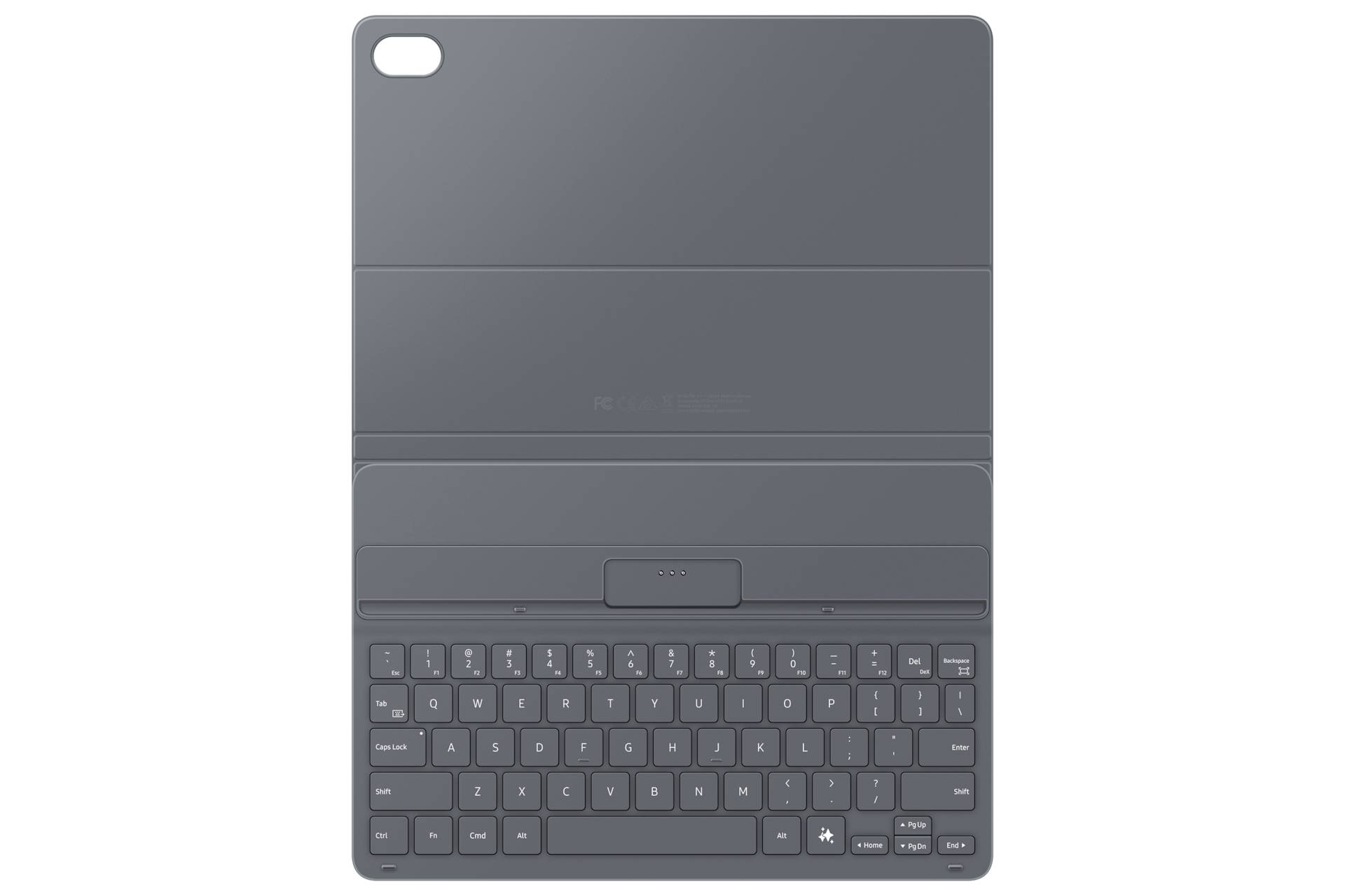 Graue Tablet-Tastatur-Schutzhülle mit geschlossenem Zustand, mit Kameraausschnitt und integrierter Tastatur auf der Rückseite sichtbar.