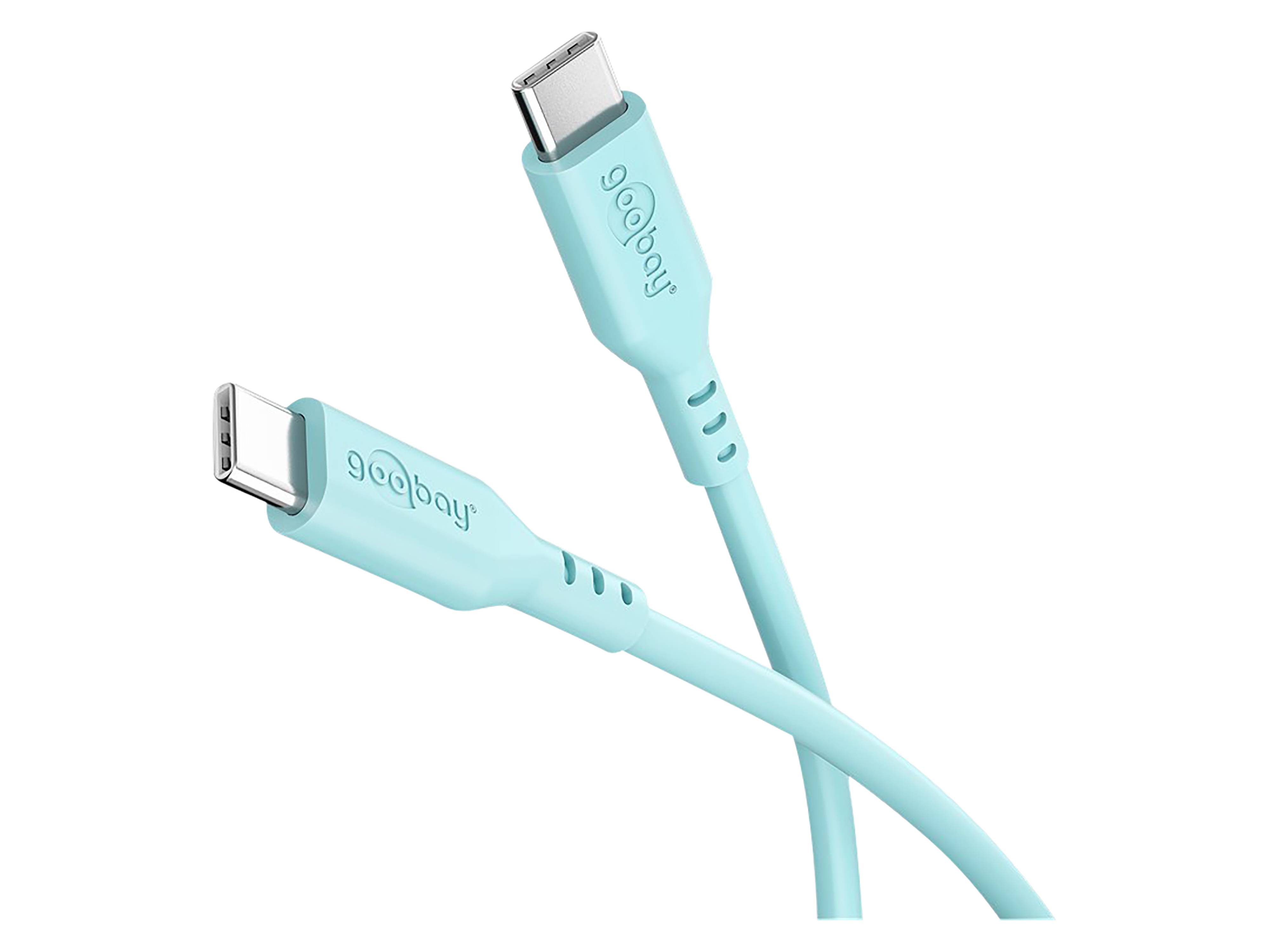 Hellblaues USB-C-Kabel mit zwei identischen Anschlüssen mit der Bezeichnung „goobay