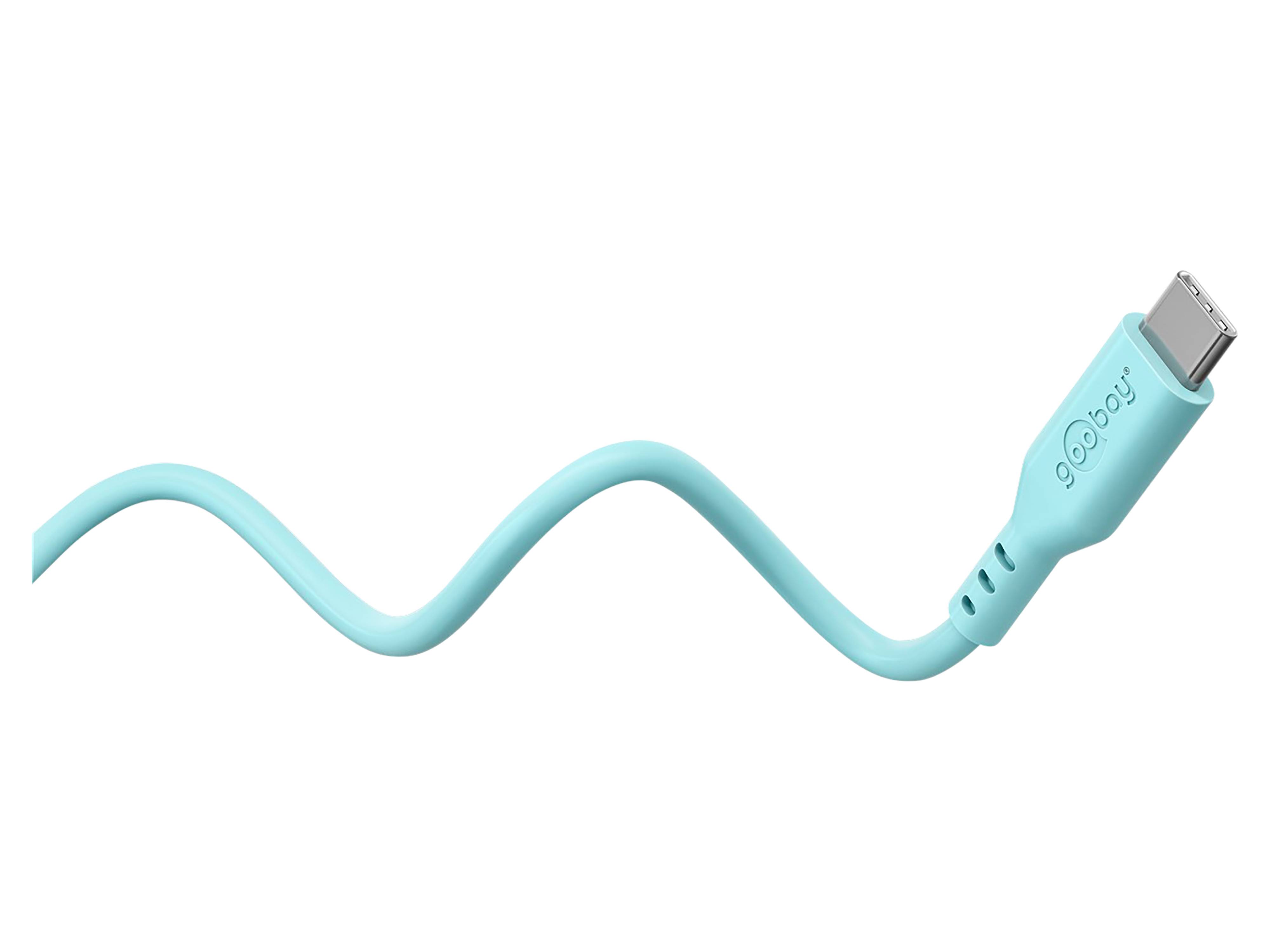 Ein hellblaues, flexibles Kabel mit einer welligen Form vor weißem Hintergrund.