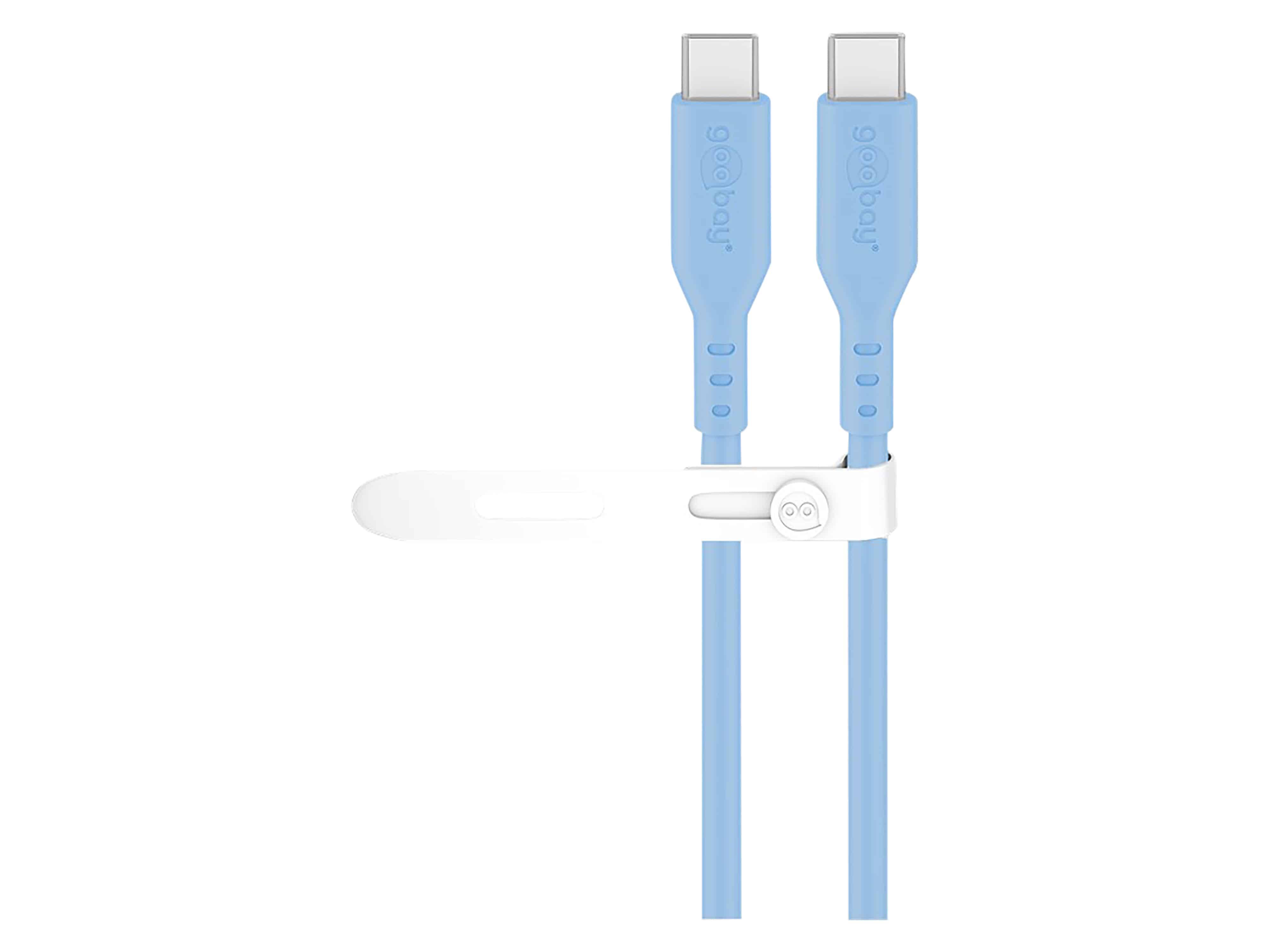 Ein blaues USB-C-Kabel mit einer weißen Kabelklemme, die es ordentlich zusammenhält.