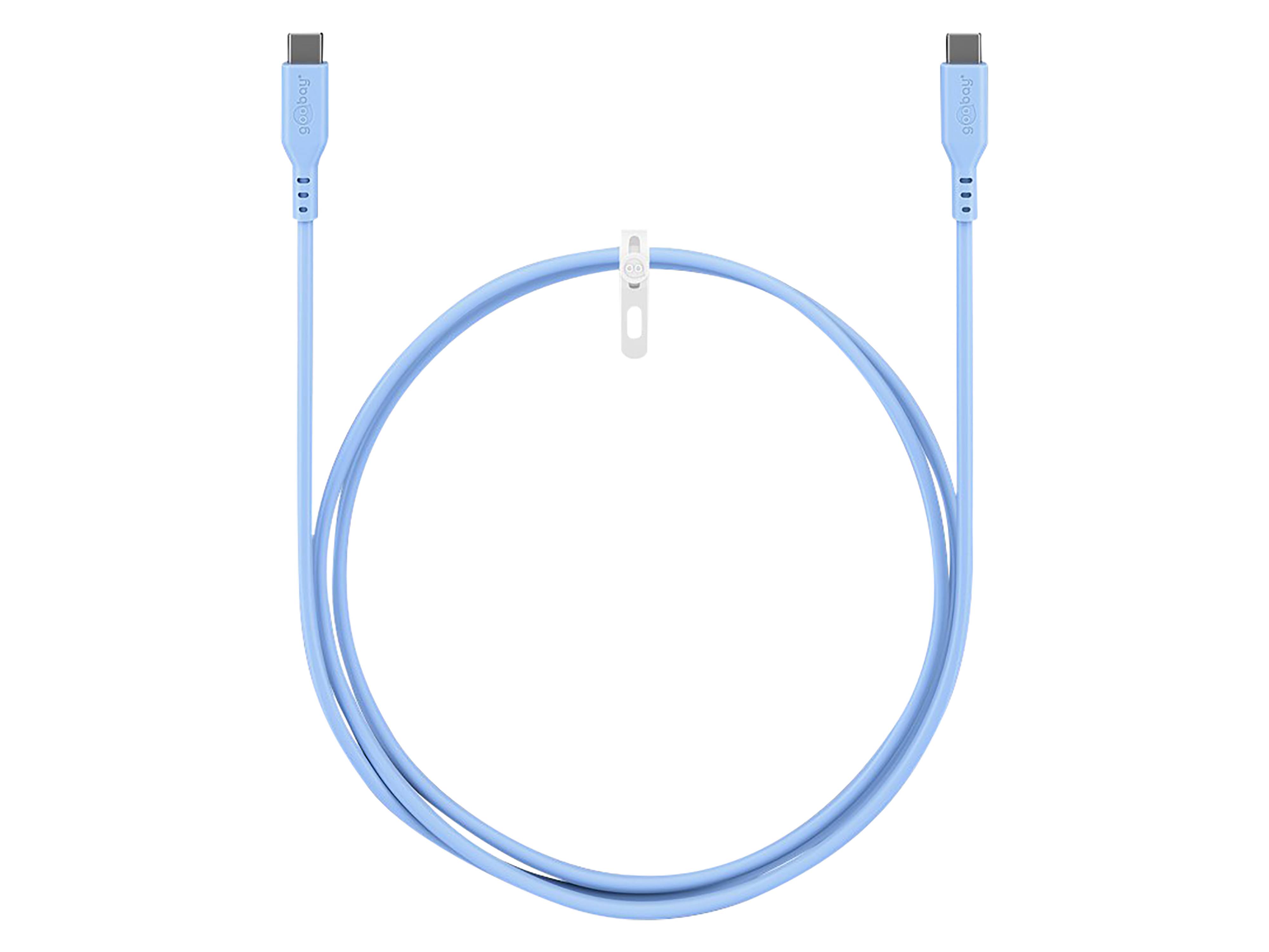 Ein blaues USB-C-auf-USB-C-Kabel, das zu einem Kreis aufgewickelt ist und beide Stecker zeigt.