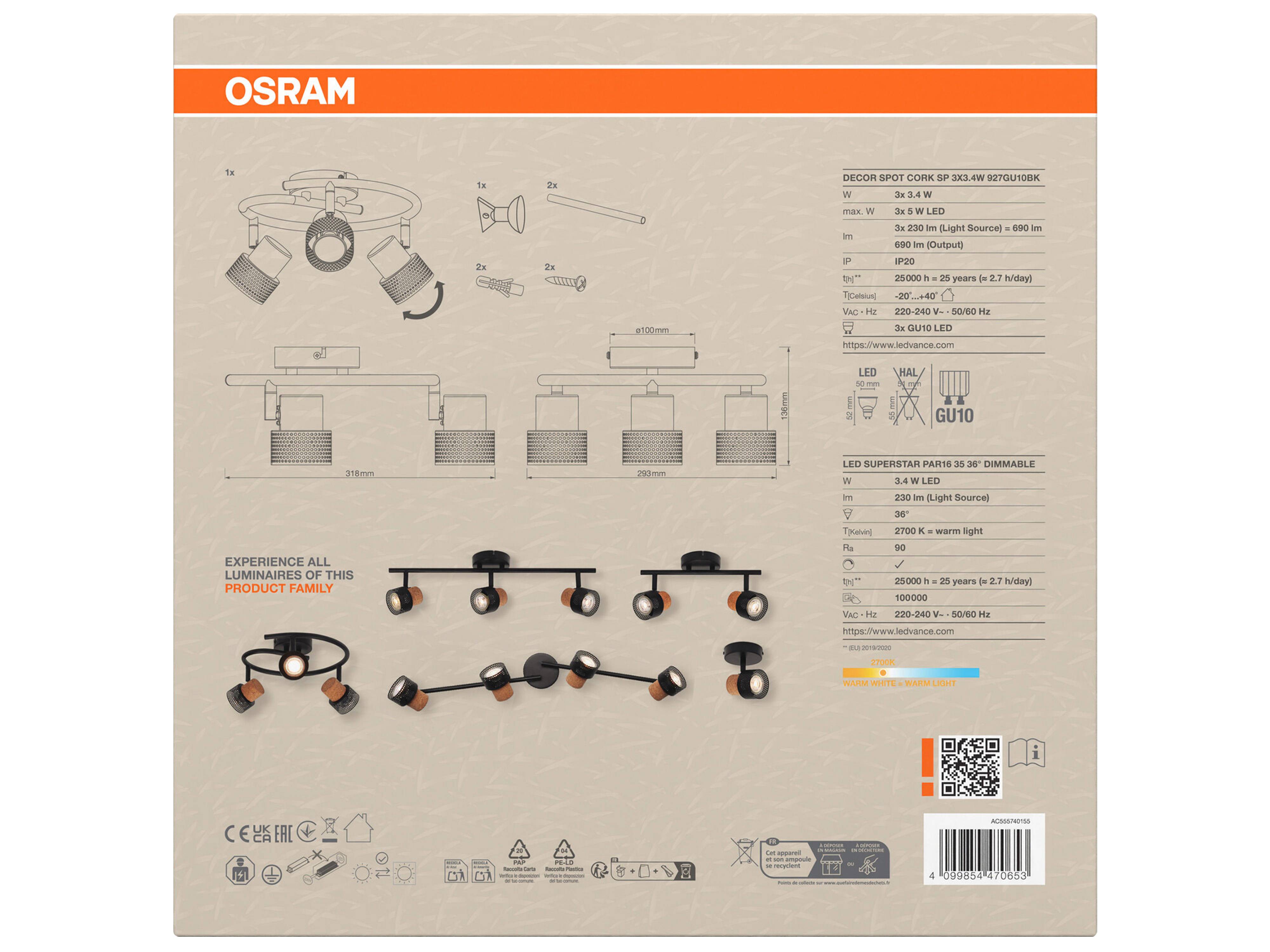 OSRAM LED-Deckenleuchte, GU10, 10,2 W, 690 lm, 2700 K, 3-Spot-Leuchte, dimmbar