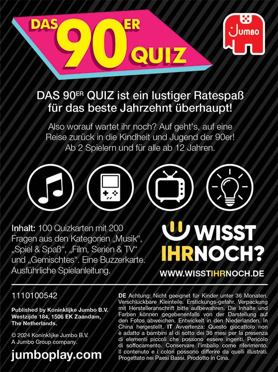 Jumbo Spiele 1110100542, Das 90er Quiz, Kartenspiel, Deutsche Ausgabe