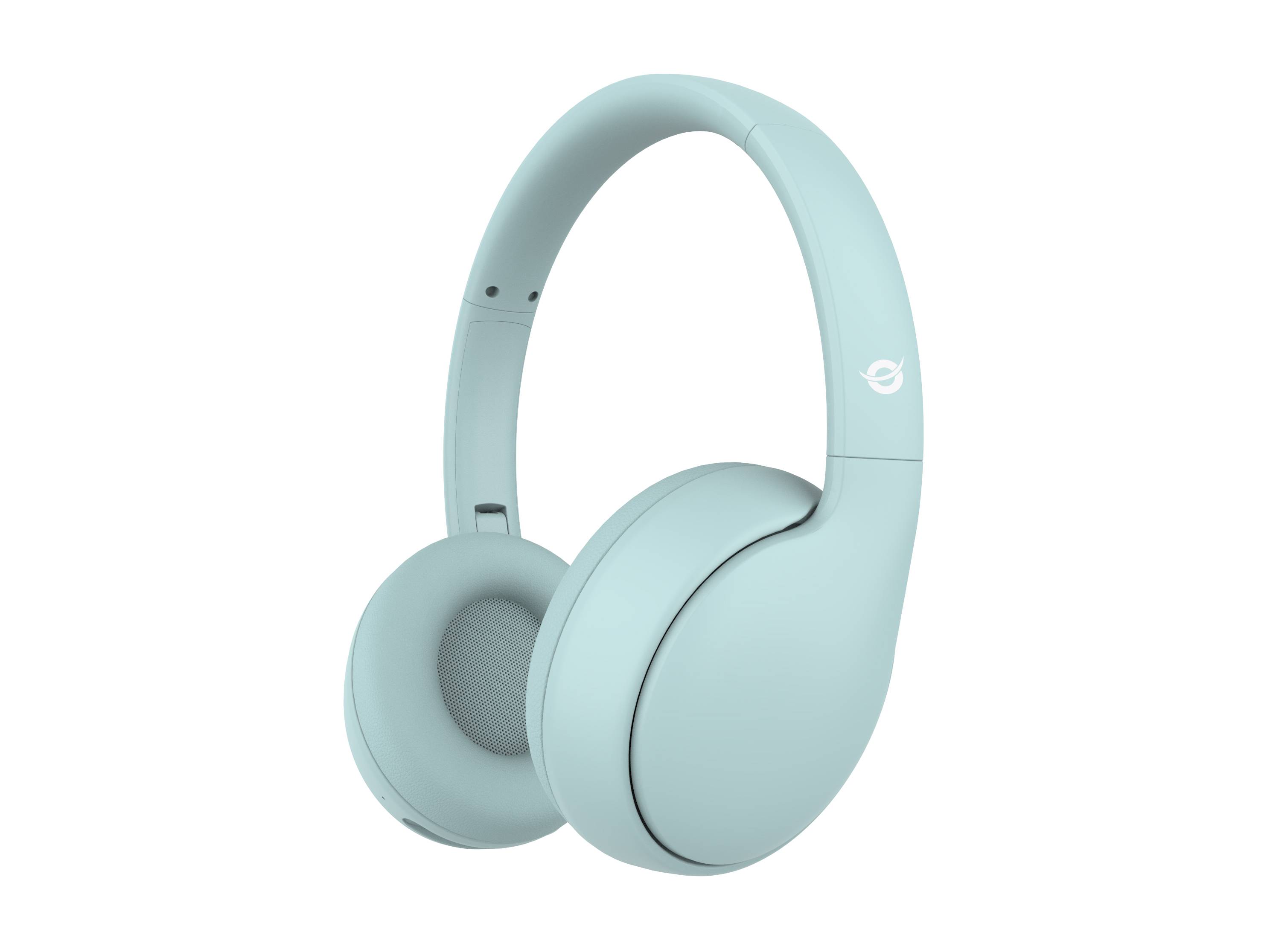 Hellblaue Over-Ear-Kopfhörer mit minimalistische Designweise, mit einem Logo auf der Seite.