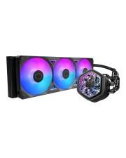 Computerkühlung mit drei RGB-Lüftern und einem angeschlossenen CPU-Wasserkühler, der farbenfrohe Beleuchtung für verbesserte Ästhetik und Kühlung präsentiert.