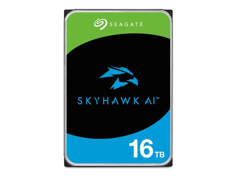 Seagate SkyHawk AI 16TB-Festplatte mit grünem, schwarzem und blauem Etikett auf der Verpackung.