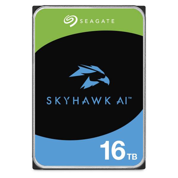 Seagate SkyHawk AI 16 TB Festplatte mit blauem Hawk-Logo auf schwarzem und grünem Hintergrund.