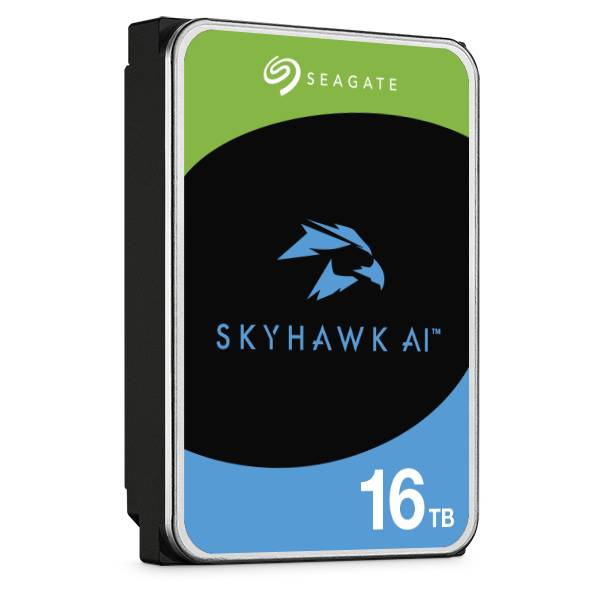 Seagate SkyHawk AI 16 TB interne Festplatte Produktbild mit grünem, schwarzem und blauem Etikett.