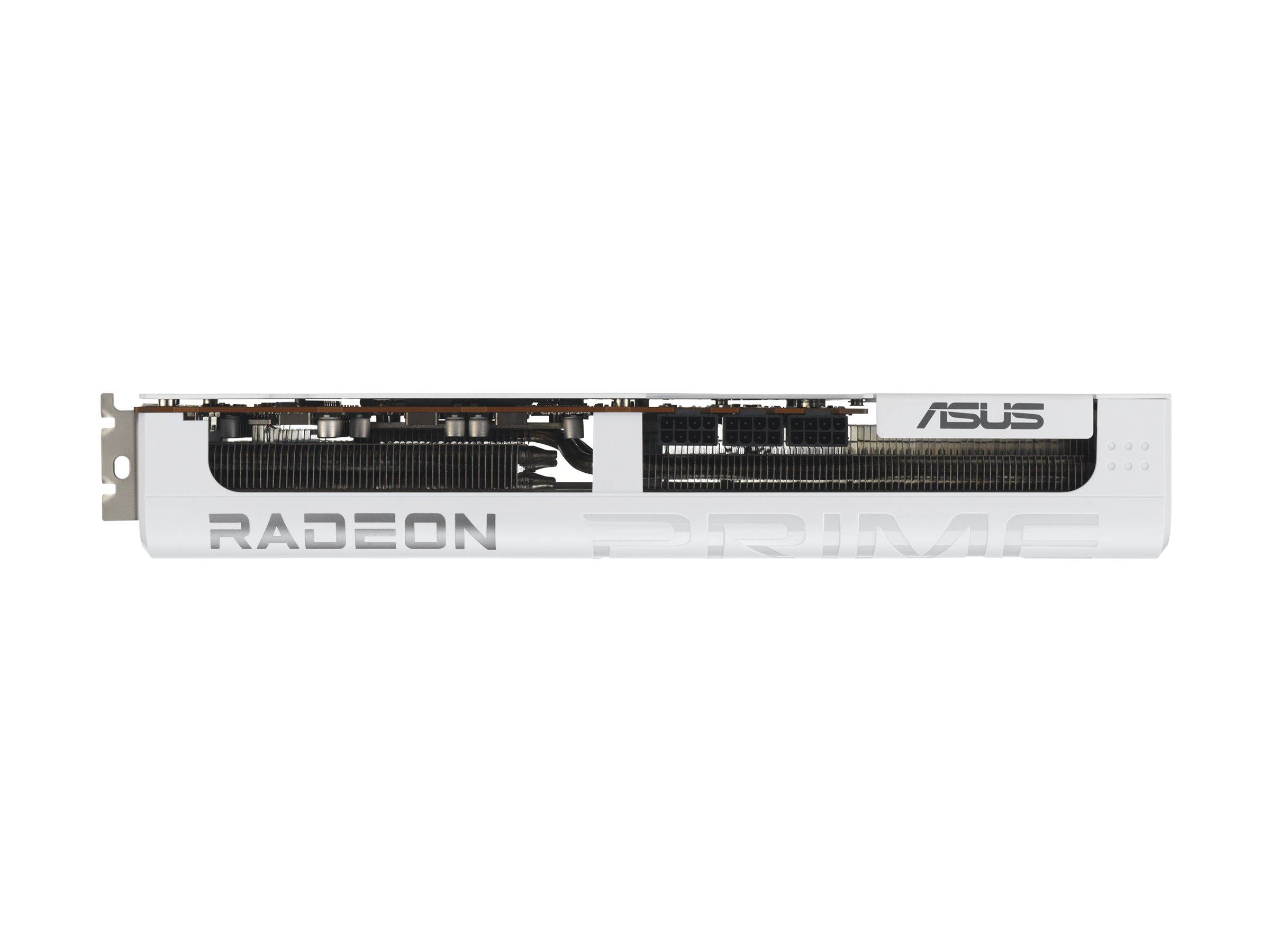 Grafikkarte mit 'Radeon'-Branding und 'Asus'-Logo an der Seite, mit elegantem Design und sichtbaren elektronischen Komponenten.