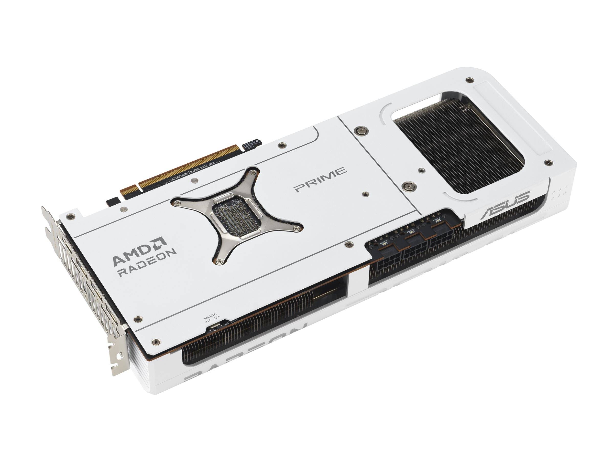 Weiße ASUS-Grafikkarte mit 'AMD Radeon' und 'PRIME' Beschriftung, mit sichtbaren Kühlrippen und Anschlussports.