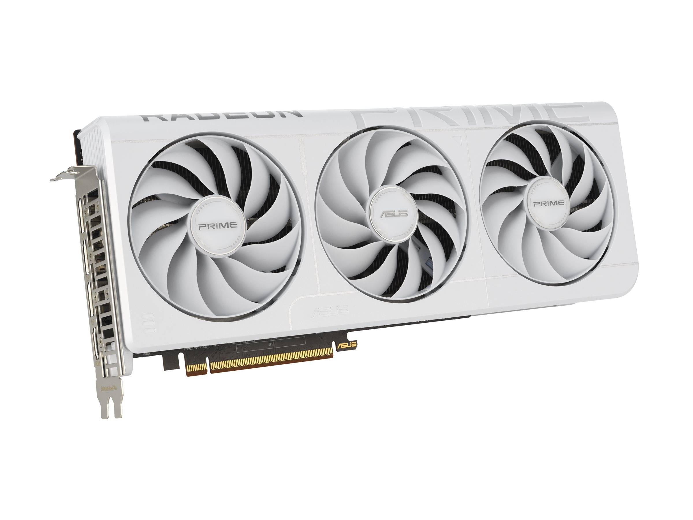 Eine weiße Asus Radeon Grafikkarte mit drei Kühlventilatoren und 'Prime' Branding.
