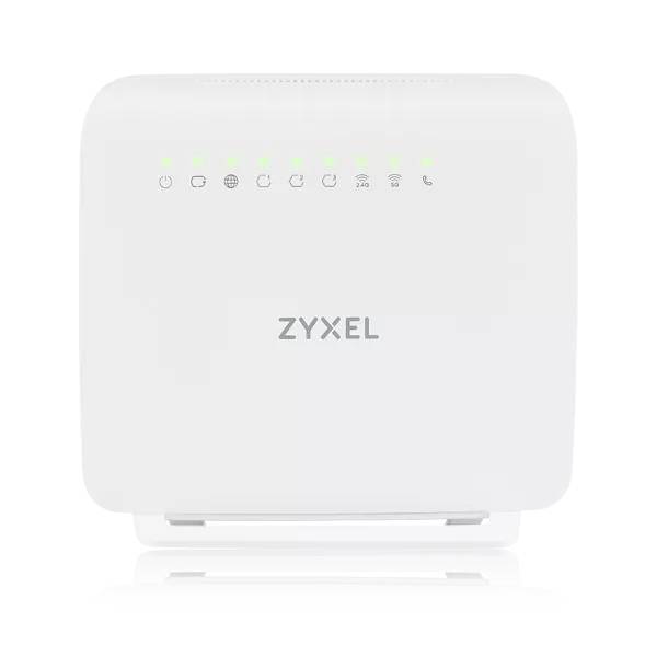 Ein weißer Zyxel-Router mit mehreren LED-Anzeigelichtern, der auf der Vorderseite Symbole für Stromversorgung, Internet, WLAN und Verbindungen zeigt.