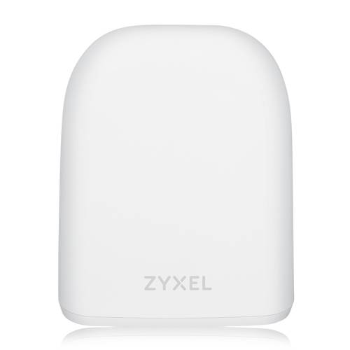 Ein weißes, elegantes Zyxel-Netzwerkgerät mit geschwungenem Design, das den Markennamen am unteren Ende anzeigt. Geeignet für moderne Wohn- oder Büroumgebungen.