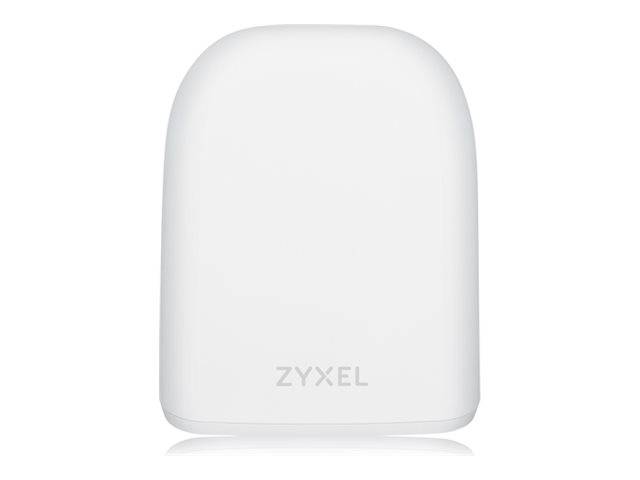 Weißer Zyxel WLAN-Zugangspunkt mit abgerundetem rechteckigem Gehäuse, vorderes Logo zentriert in der Nähe des unteren Bereichs.