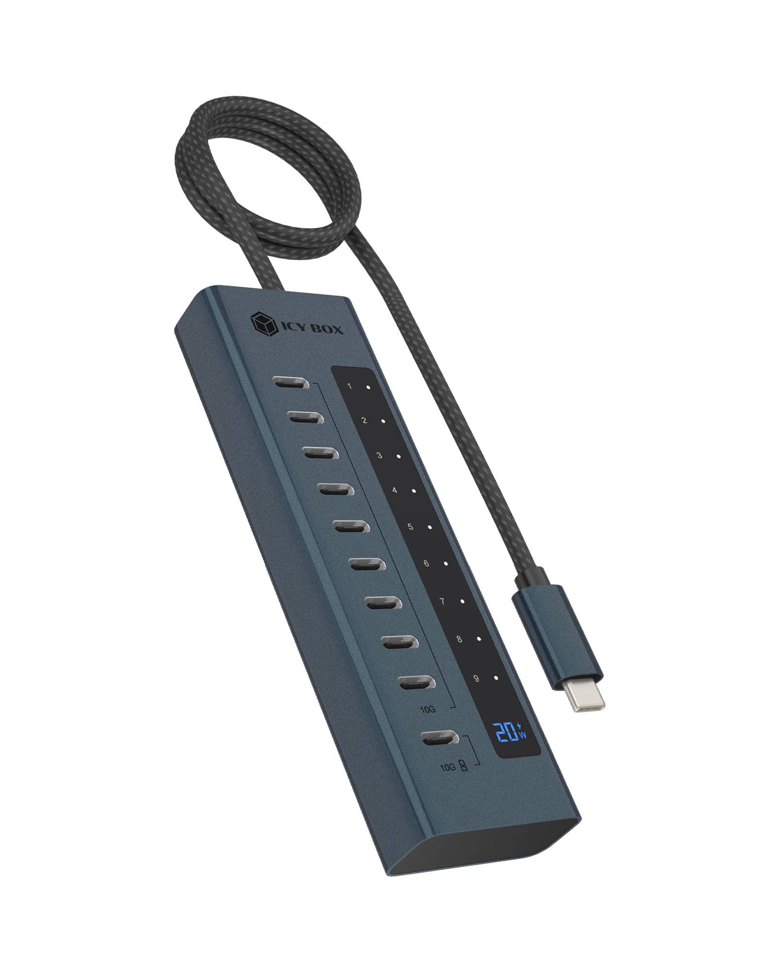 Tragbarer blauer USB-C-Ladehub mit mehreren USB-Anschlüssen, Statusleuchten und einem geflochtenen Kabel auf weißem Hintergrund