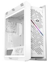 Ein weißes Computergehäuse mit transparentem Seitenfenster, das einen großen Lüfter und das Innenleben präsentiert. Die Vorderseite weist ein diagonales Gittermuster und ein Logo auf.