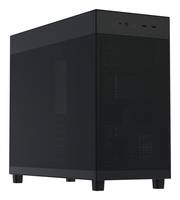Ein schwarzes Computer-Tower-Gehäuse mit einer Mesh-Frontblende und mehreren Eingabe-/Ausgabeports an der Oberseite.