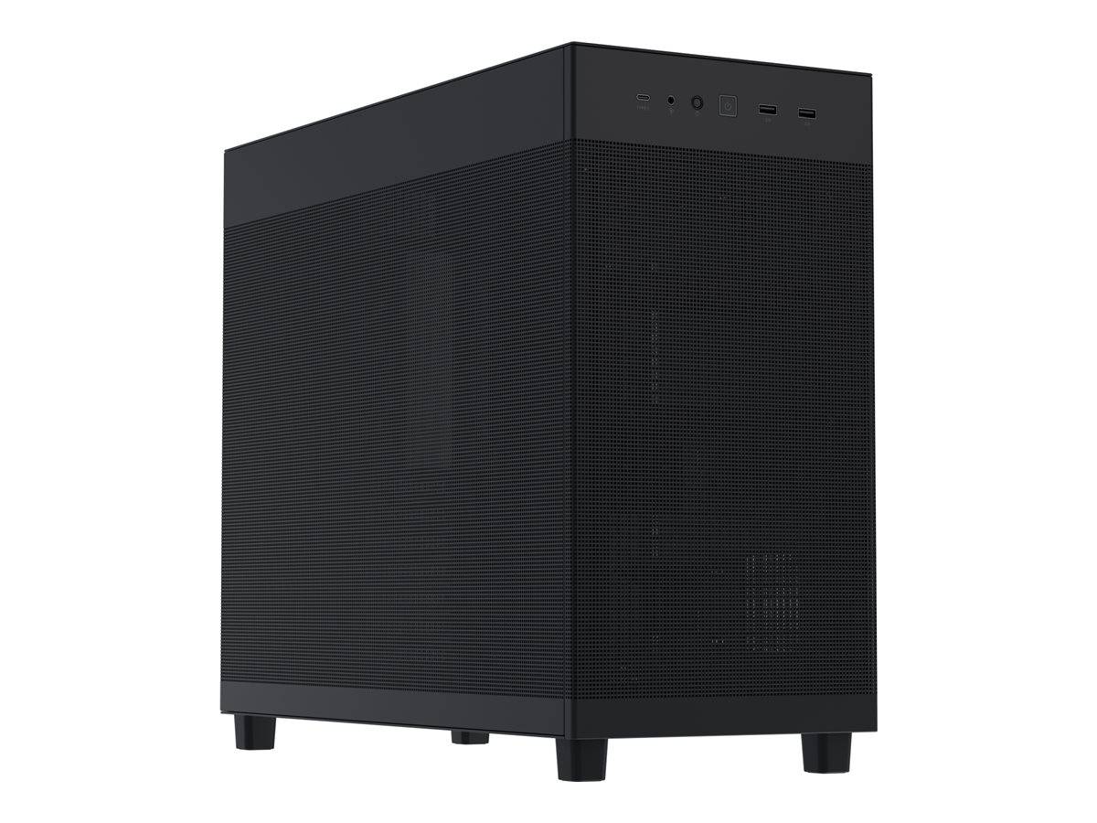 Schwarzes Mid-Tower-Computergehäuse auf weißem Hintergrund, dargestellt in Dreivierttelansicht mit Mesh-Frontplatte und vier Füßen.