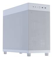 Ein weißer Computer-Tower mit Frontplatte, die einen Powerknopf, zwei USB-Anschlüsse und Audioports aufweist. Seitliche Mesh-Verkleidung sichtbar.