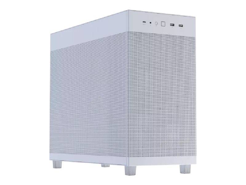 Silbergraues Computer-Gehäuse oder kleines PC-Chassis, dargestellt in einer Dreiviertelsansicht auf weißem Hintergrund.