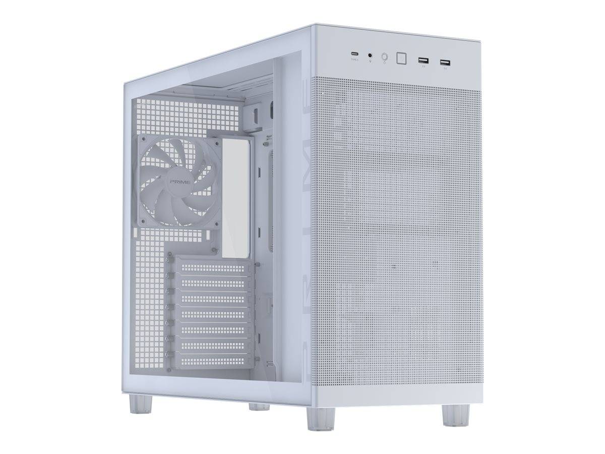 Weißes PC-Tower-Gehäuse mit Mesh-Front und Seitenpanel, das die interne Lüfterhalterung und Erweiterungssteckplätze durch ein transparentes linkes Seitenpanel zeigt.