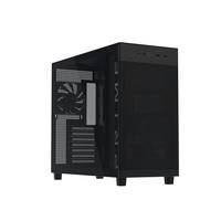 Schwarzes Computergehäuse mit Mesh-Frontblende, sichtbarem Lüfter im Hintergrund und mehreren Belüftungsschlitzen, geeignet für Gaming-Setups.