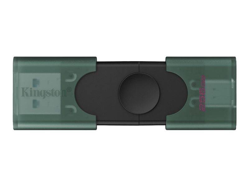 Ein Kingston USB-Stick mit schwarzem Mittelteil und durchsichtigen grünen Schutzkappe an beiden Enden.