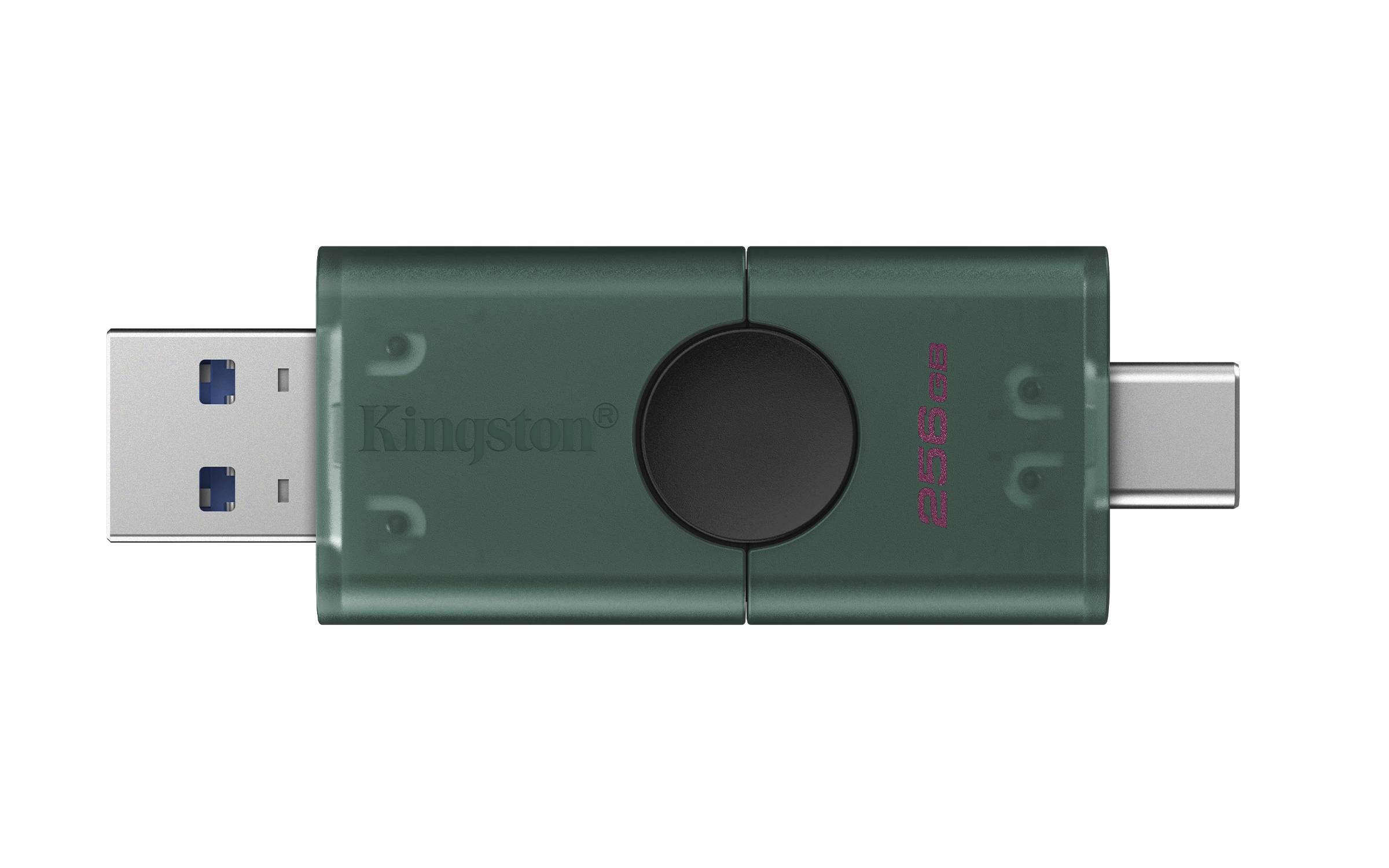 Grünes Kingston 256GB USB-Flashlaufwerk mit USB-A- und USB-C-Anschlüssen, dargestellt auf weißem Hintergrund.