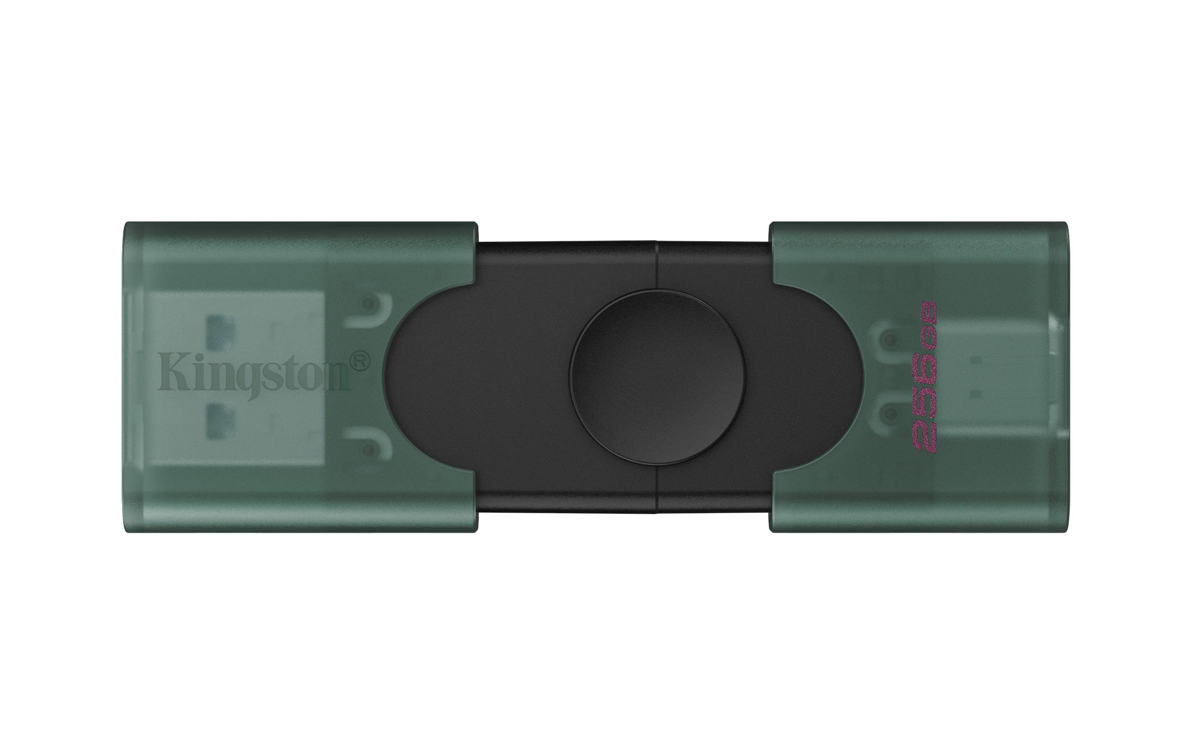 Grüner Kingston USB-Stick mit schwarzem Schiebekapazitätsmechanismus und sichtbarer 256GB-Markierung.