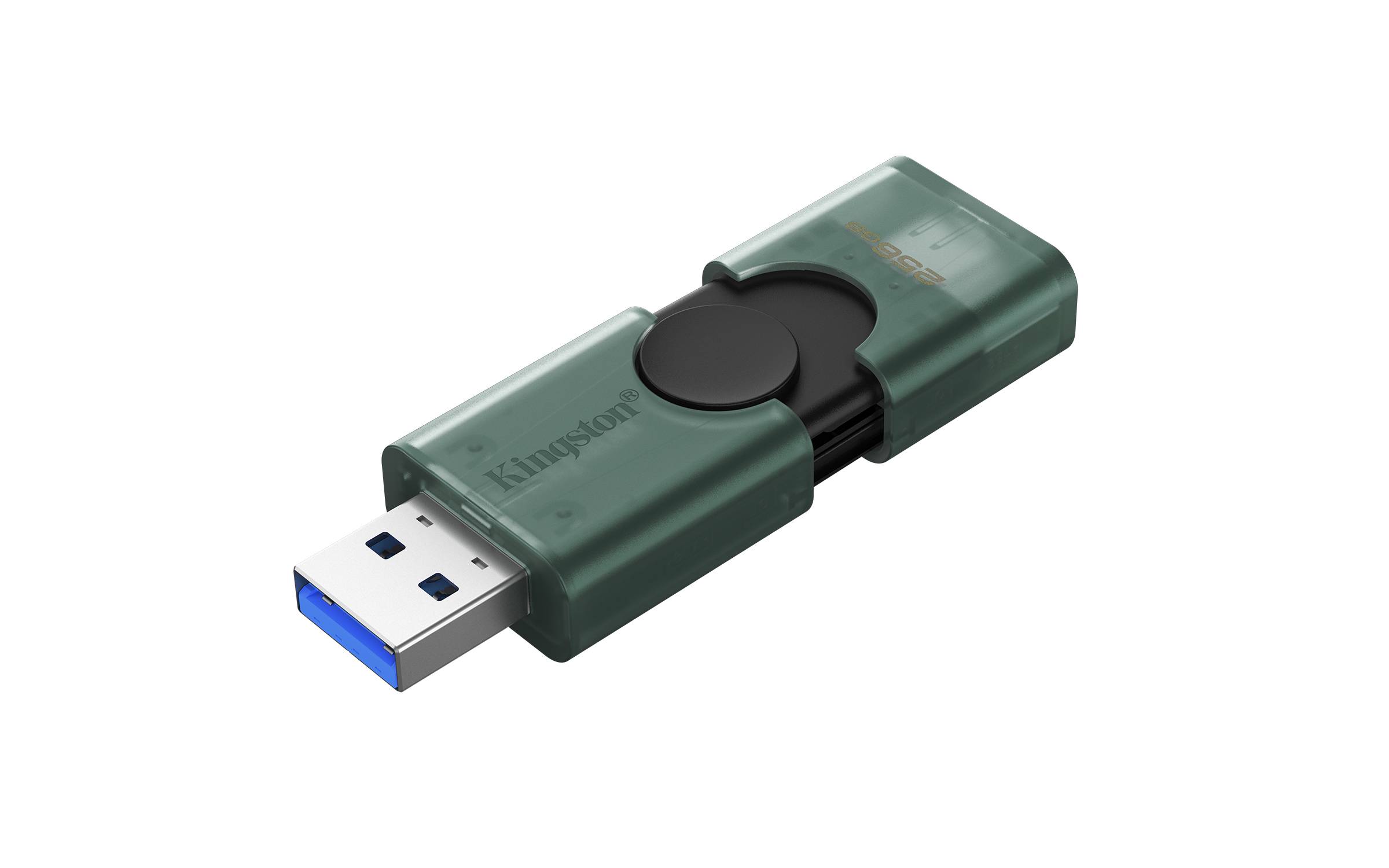 Grüner Kingston USB-Stick mit schwarzer Schiebekappe und freiliegendem USB-Anschluss auf weißem Hintergrund