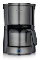 Eine schwarze Kaffeemaschine mit einer Karaffe aus Edelstahl, ausgestattet mit einer digitalen Anzeige und Bedienknöpfen auf der Frontseite.