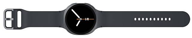 Smartwatch mit rundem dunklem Zifferblatt mit weißen minimalistischen Zeigern und Symbolen, auf schwarzem Armband.