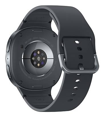 Eine schwarze Smartwatch mit rundem Zifferblatt und breitem Armband, von hinten betrachtet, zeigt ihren Sensor und die Schnalle.